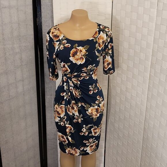 BRAND NEW CONNECTED APPAREL FLORAL COLORBLOCK RUCHED SIDE DESIGN 3/SLEEVE DRESS - Picture 4 of 15